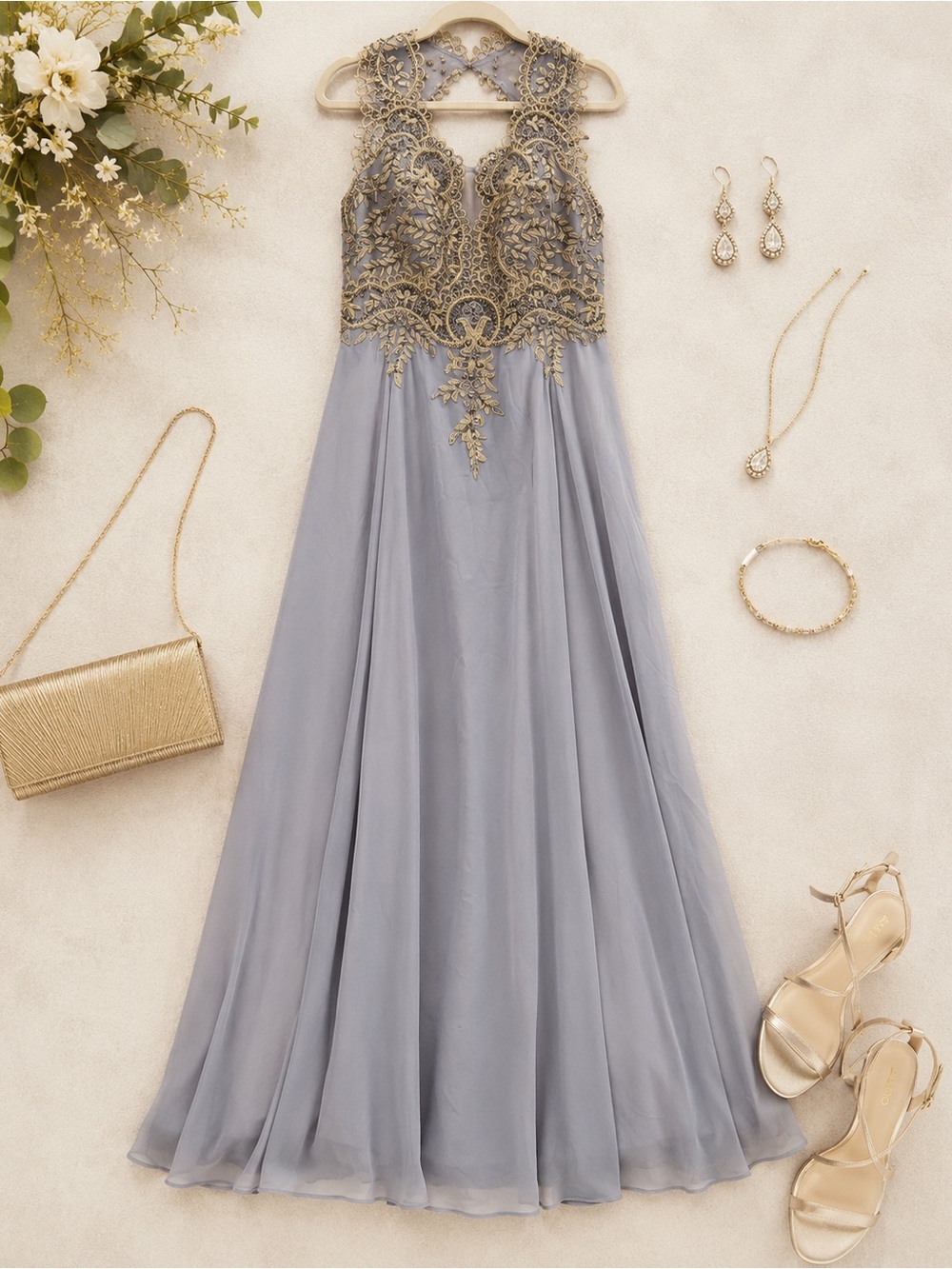 Basix Black Label Silver Evening Dress with Gold Embellishment 4